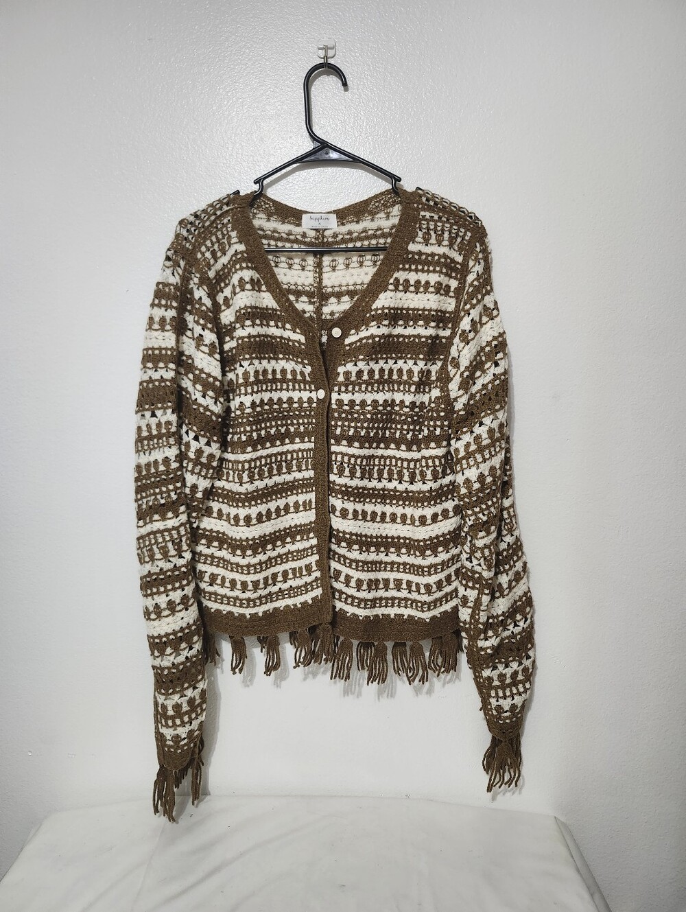 Brown and Cream Crochet Fringe Cardigan Sweater